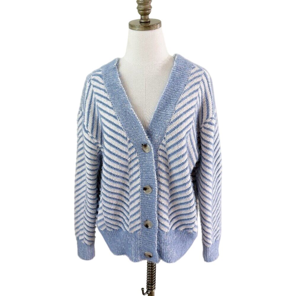 FRNCH Blue/White Herringbone Cardigan Size S/M V-Neck Button Up Oversized Fit